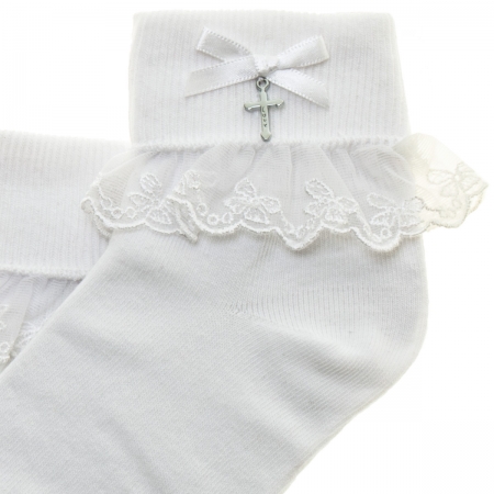 White Bow Lace With A Cross Girls Communion Socks #2