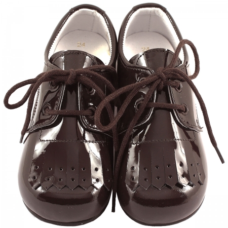 Boys Choco Brown Plain Patent Shoes With Removable Fringes #2