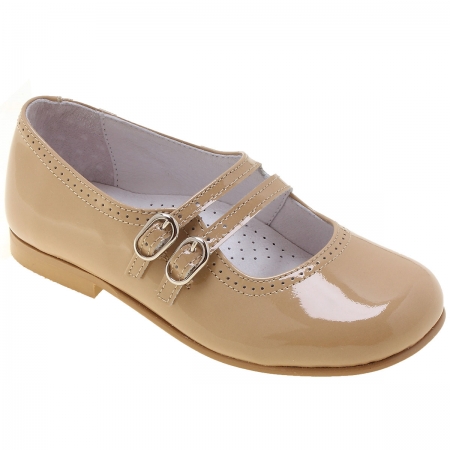 Girls Caramel Brown Patent Shoes Double Straps
