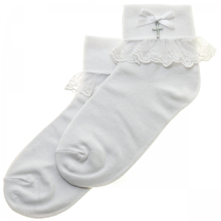White Bow Lace With A Cross Girls Communion Socks