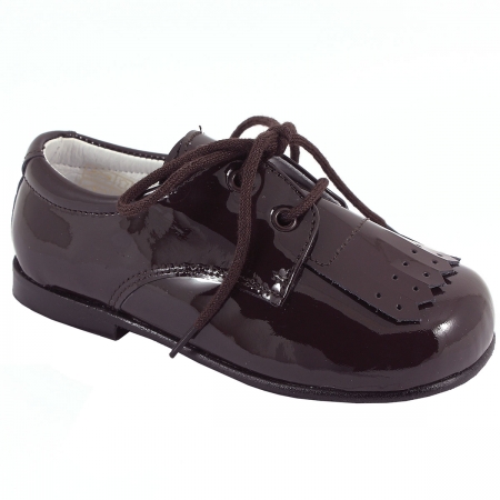 Boys Choco Brown Plain Patent Shoes With Removable Fringes