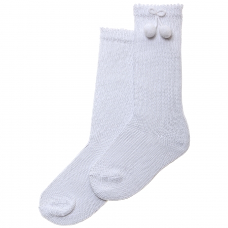 Carlomagno Knee High White Socks With Small Pom Pom