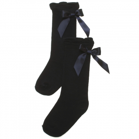 Carlomagno Girls Black Knee High Socks Black Satin Bows