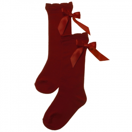 Carlomagno Girls Burgundy Knee High Socks Satin Bows