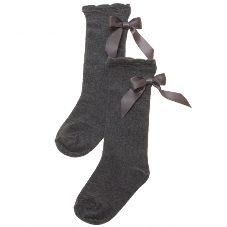 Carlomagno Girls Knee High Grey Socks With Large Satin Bows
