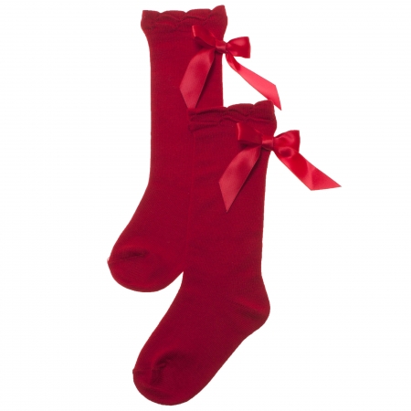 Carlomagno Girls Knee High Socks Red With Large Satin Bows