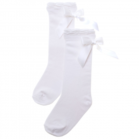 Carlomagno Satin Bow White Knee High Socks