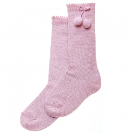 Baby Pink Knee High Socks With Pom Pom