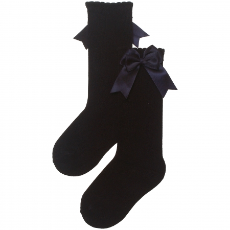 Carlomagno Girls Knee High Black Socks Double Satin Bow Decoration