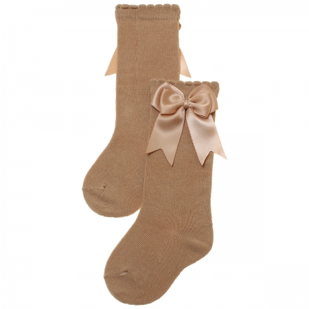 Carlomagno Caramel Colour Girls Knee High Double Satin Bow Socks