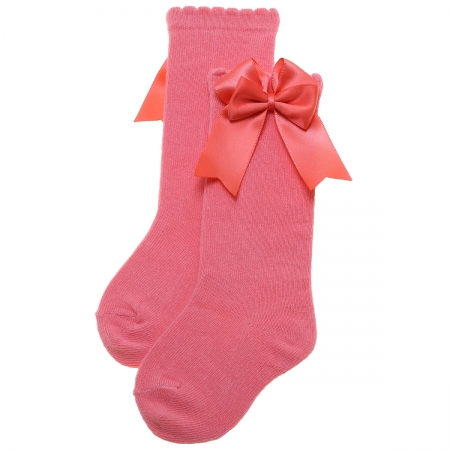 Carlomagno Double Bow Knee High Coral Pink Girls Socks