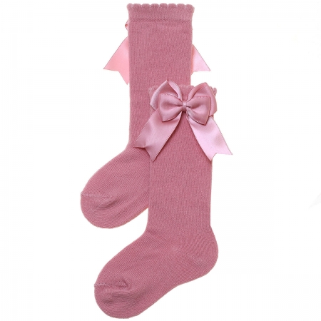 Carlomagno Girls Spanish Knee High Double Satin Bow Dusky Pink Socks