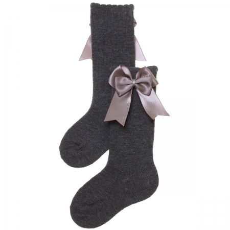 Carlomagno Girls Spanish Knee High Double Bow Grey Socks