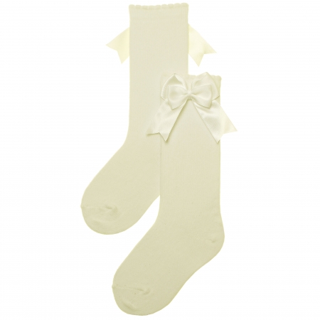 Carlomagno Girls Knee High Double Satin Bow Ivory Colour Socks