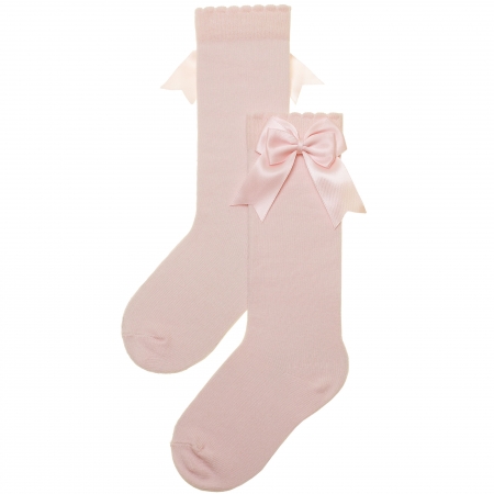 Carlomagno Girls Knee High Double Satin Bow Pink Socks
