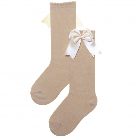 Carlomagno Girls Knee High Double Satin Bow Tan Colour Socks