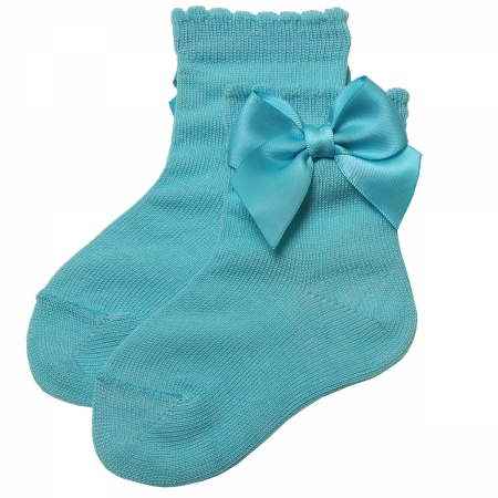 Girls Aqua Colour Ankle High Bow Socks Scallop Opening