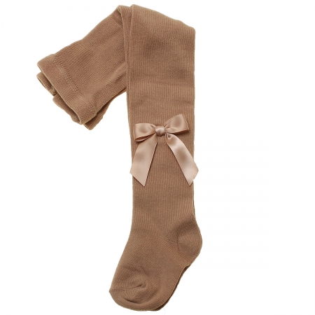 Girls Caramel Light Brown Carlomagno Tights With Satin Bows