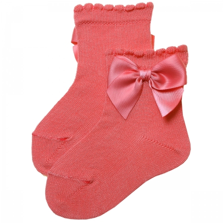 Girls Ankle High Spanish Coral Red Bow Socks