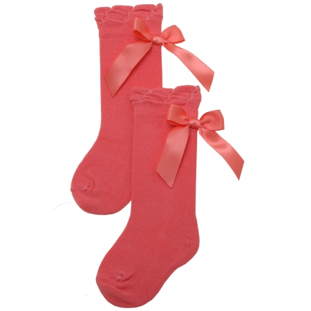 Carlomagno Coral Pink Colour Knee High Spanish Socks With Satin Bows By Carlomagno