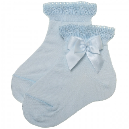 Girls Ankle High Frills Satin Bows Baby Blue Socks
