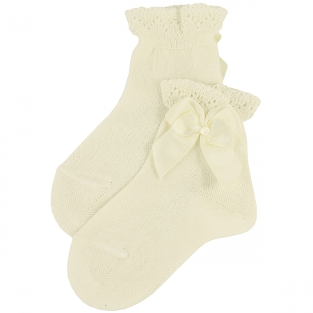 Girls Ankle High Frills Satin Bows Ivory Socks