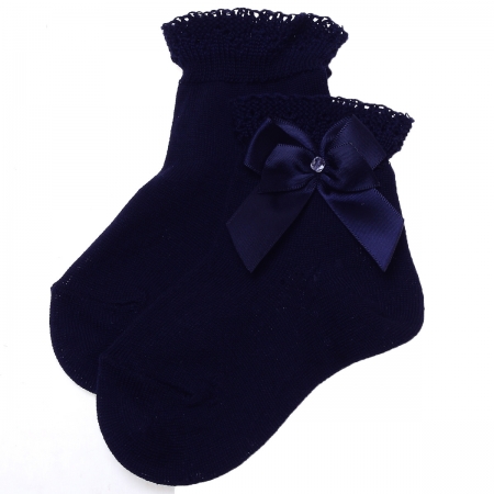 Girls Navy Frills Socks With Satin Bows And Beads