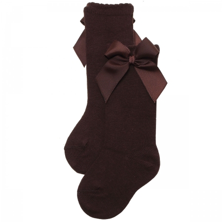 Choco Brown Colour Girls Knee High Gros Grain Bow Socks