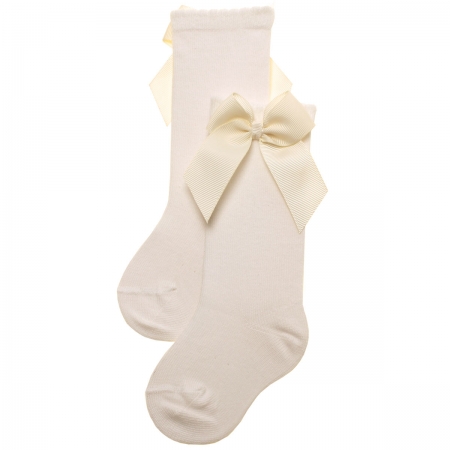 Knee High Gros Grain Bow Ivory Socks For Girls