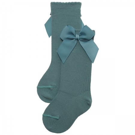 Sea Green Colour Girls Knee High Gros Grain Bow Socks