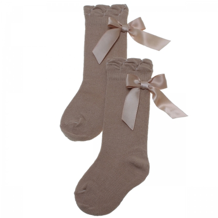 Carlomagno Sand Stone Colour Knee High Socks With Satin Bows