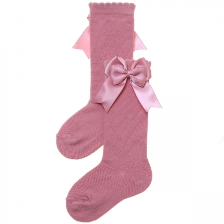 Girls Spanish Knee High Double Satin Bow Dusky Pink Socks