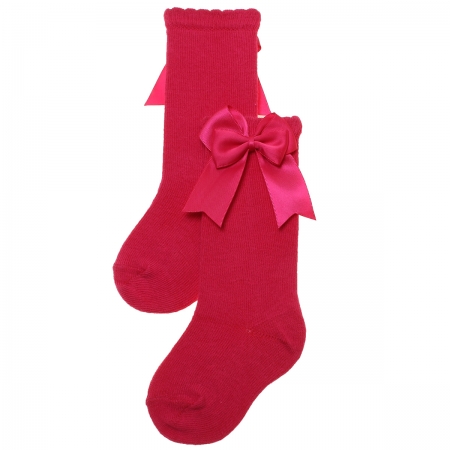 Fuchsia Colour Girls Knee High Double Bow Socks