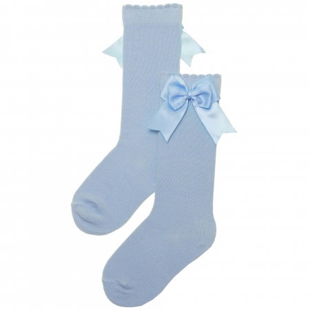 Baby Blue Colour Girls Knee High Double Bow Socks
