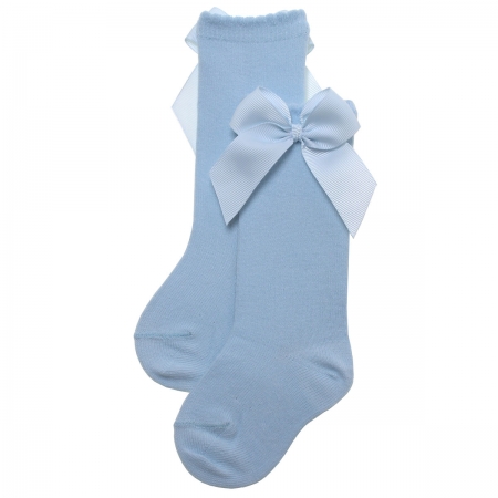 Girls Baby Blue Knee High Gros Grain Bow Socks