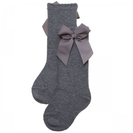 Grey Colour Girls Knee High Gros Grain Bow Socks