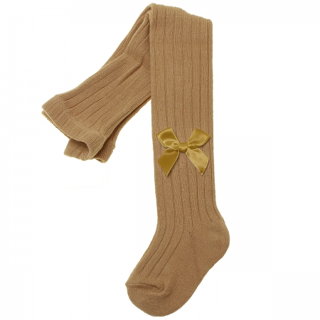 Caramel Colour Ribbed Tights Decorated By Bows