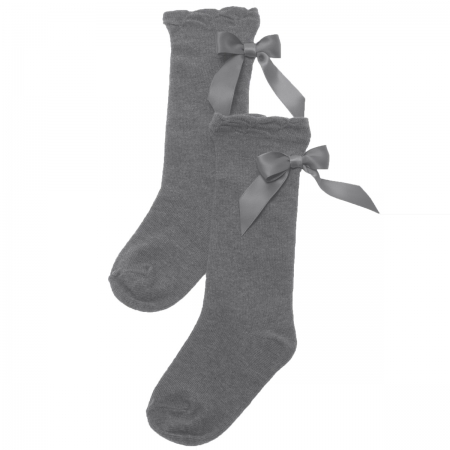 Carlomagno Girls Light Grey Knee High Socks With Back Satin Bows