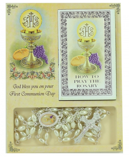White Communion Pearl Rosary With Instructions Booklet In Presentation Gift Pack