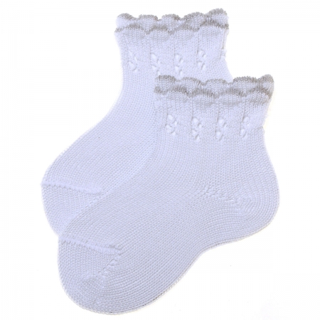 High Quality Baby White Socks Grey Scallop Edge