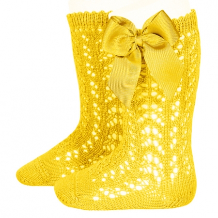 Lemon Yellow Condor Openwork Knee High Girls Bow Socks