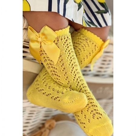 Lemon Yellow Condor Openwork Knee High Girls Bow Socks #2