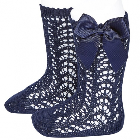 Condor Navy Openwork Knee High Bow Socks