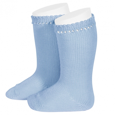 Condor Openwork Cuff Cotton Baby Blue Knee High Pom Socks