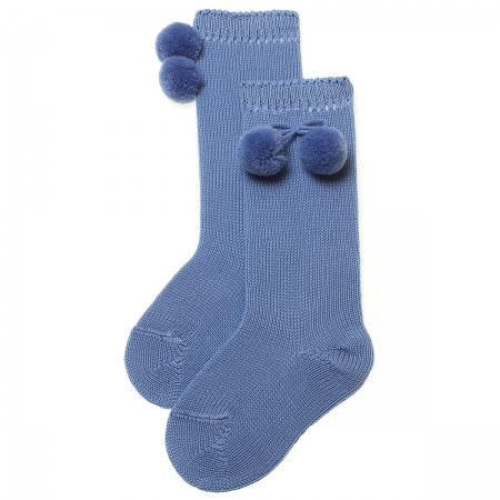 Azul Blue Knee High Pom Pom Socks For Spring Summer