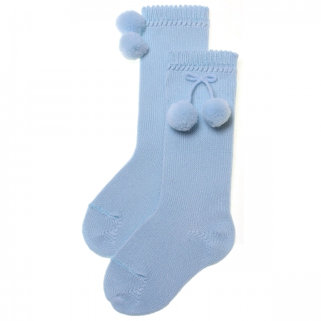 100% Cotton Baby Blue Knee High Pom Pom Socks For Spring Summer