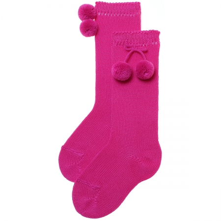 Girls Spring Summer 100% Cotton Cerise Knee High Pom Pom Socks