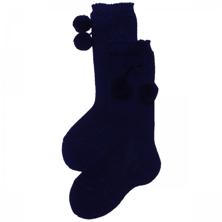 Navy Blue Knee High Pom Pom Socks For Spring Summer