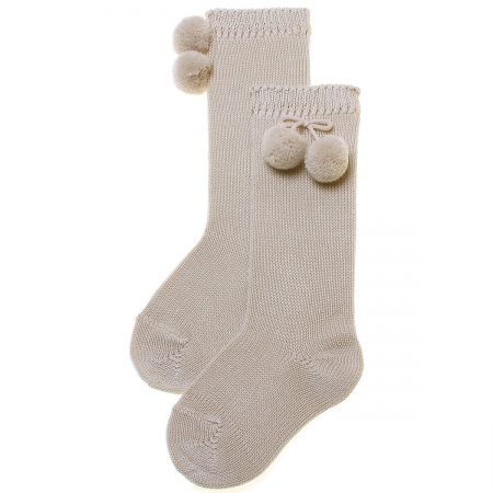Knee High Pom Pom Socks In Tan Or Sand Or Khaki Colour