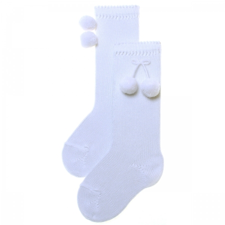 White Knee High Pom Pom Socks For Spring Summer
